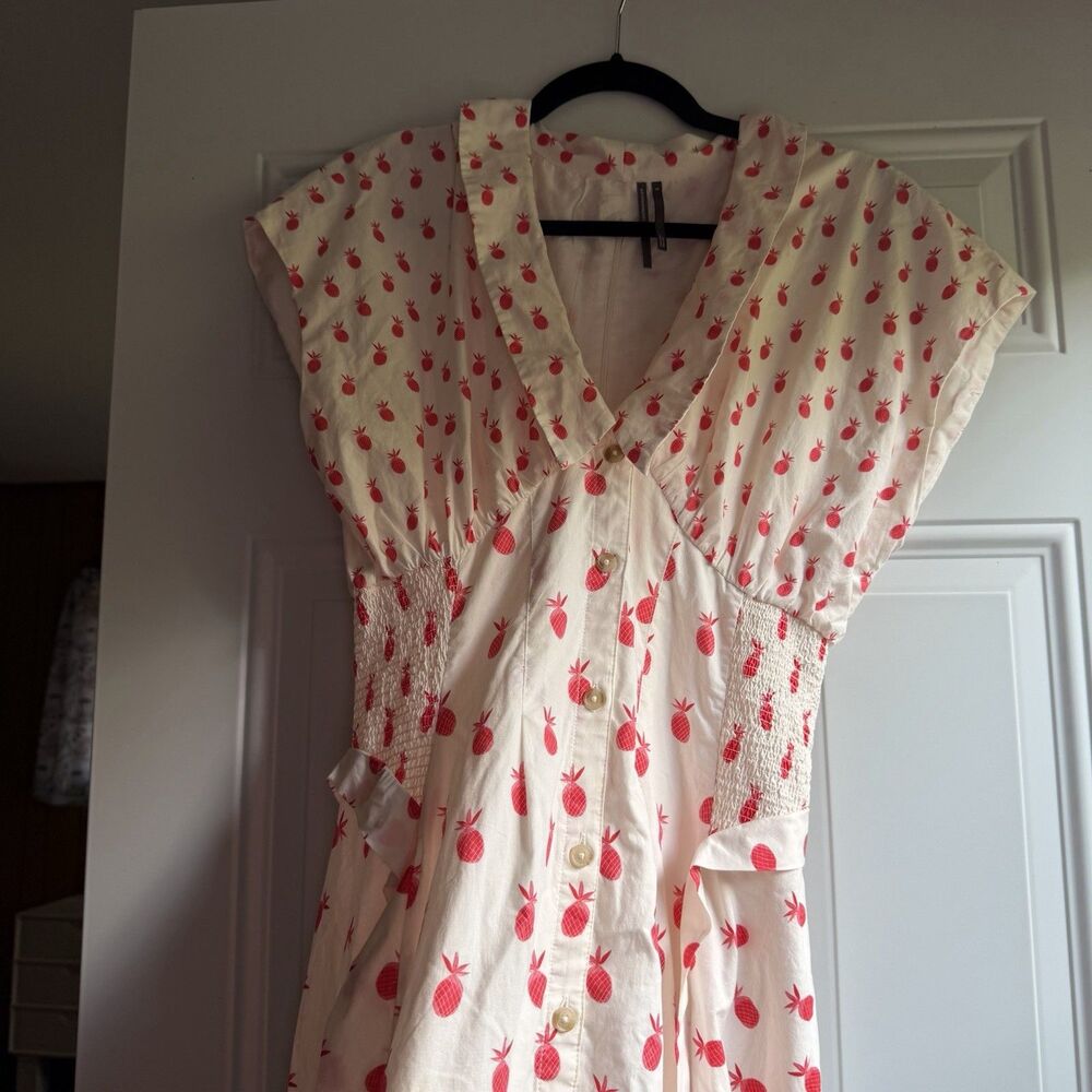 $198 Anthropologie Pineapple Short Sleeve V-Neck Dress Size Small Midi Cottage - Picture 11 of 16